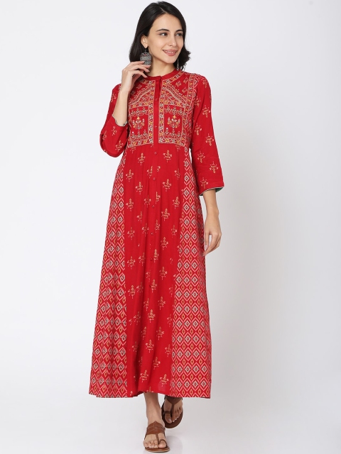 

Ojas Designs Women Red & Gold-Toned Ethnic Motifs Printed Maxi Dress