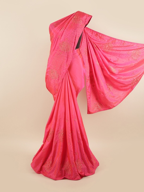 

Pothys Pink & Gold-Toned Embellished Beads and Stones Silk Blend Saree