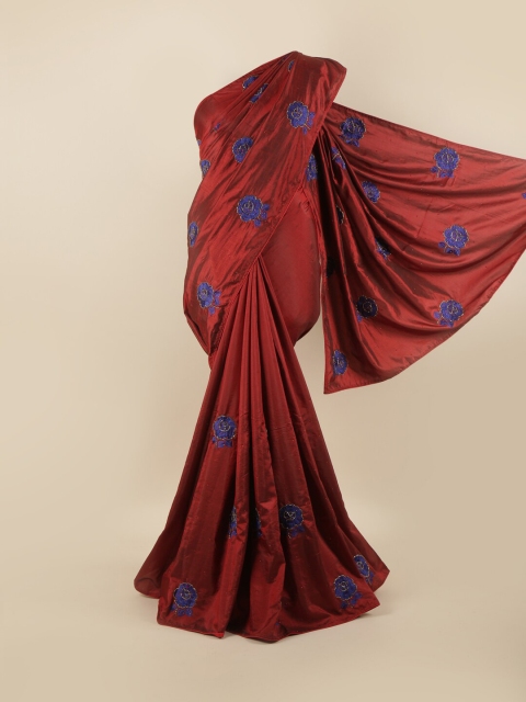 

Pothys Maroon & Blue Embellished Embroidered Silk Blend Saree