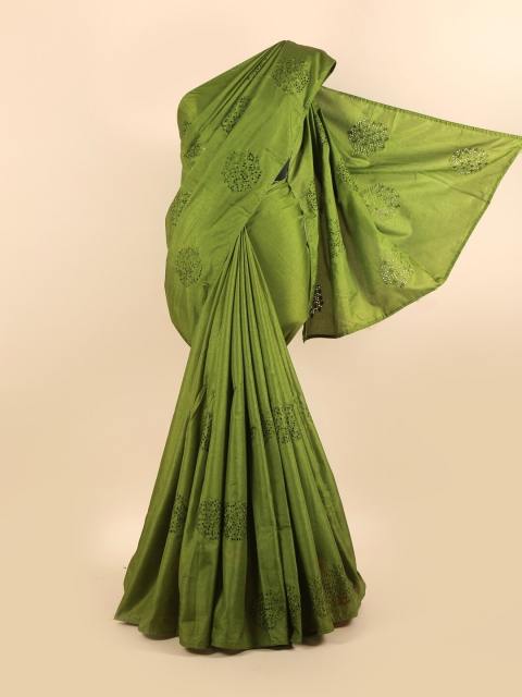 

Pothys Green Floral Schiffli Silk Blend Saree