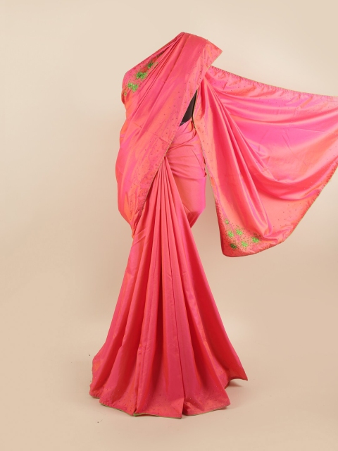 

Pothys Pink & Green Ethnic Motifs Embroidered Silk Blend Saree