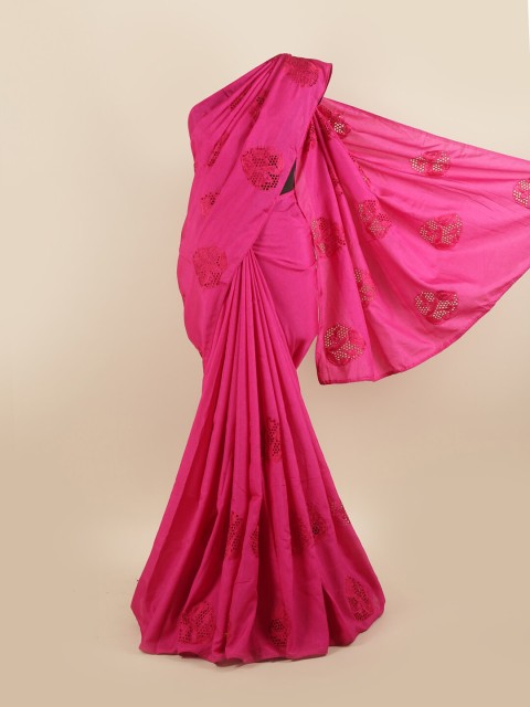 

Pothys Pink Floral Schiffli Silk Blend Saree