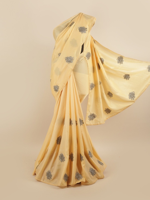 

Pothys Yellow & Silver-Toned Ethnic Motifs Beads and Stones Silk Blend Saree