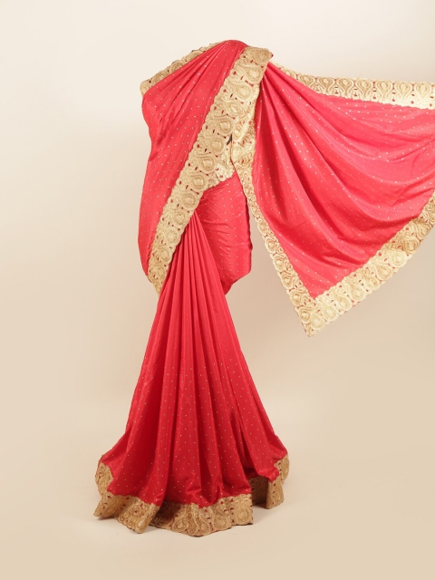 

Pothys Pink & Gold-Toned Embellished Beads and Stones Silk Blend Saree