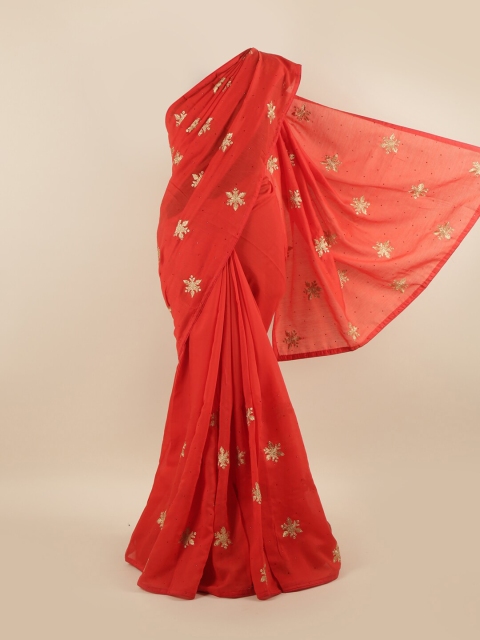 

Pothys Red & Beige Ethnic Motifs Embroidered Silk Blend Heavy Work Saree