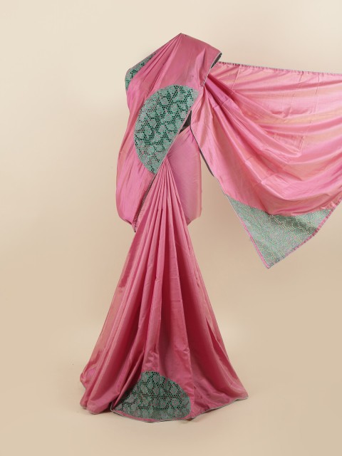 

Pothys Pink & Sea Green Ethnic Motifs Schiffli Silk Blend Saree
