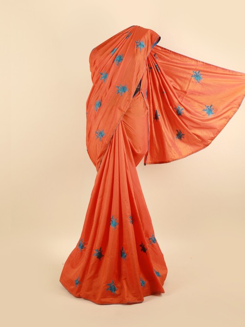 

Pothys Orange & Blue Floral Silk Blend Saree