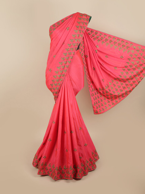 

Pothys Pink & Green Floral Silk Blend Saree