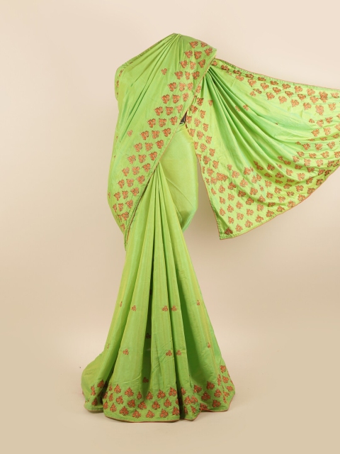 

Pothys Green & Orange Floral Beads and Stones Silk Blend Saree