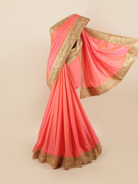 

Pothys Pink & Gold-Toned Embellished Beads and Stones Silk Blend Saree