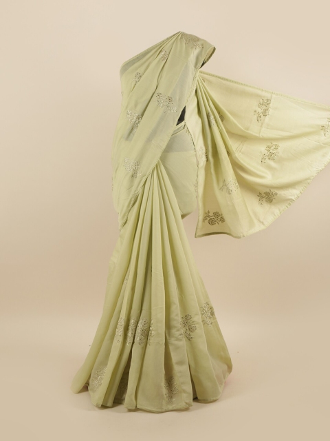 

Pothys Green & Silver-Toned Floral Beads and Stones Silk Blend Saree