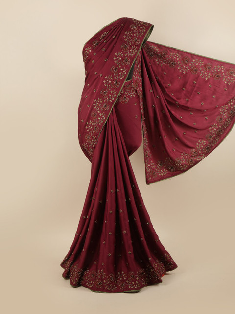 

Pothys Purple & Gold-Toned Floral Beads and Stones Silk Blend Saree