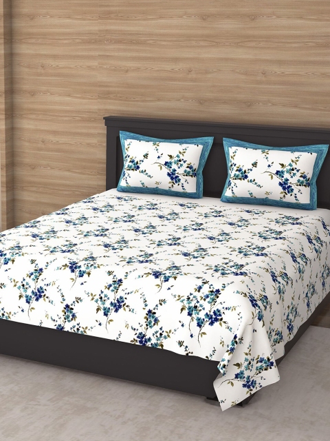 

Varde White & Blue Floral 144 TC King Bedsheet with 2 Pillow Covers