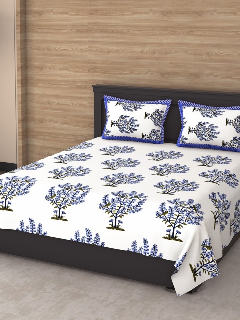 

Varde White & Blue Ethnic Motifs 144 TC King Bedsheet with 2 Pillow Covers