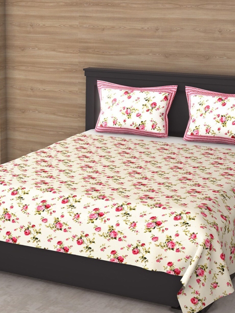 

Varde White & Pink Floral 144 TC King Bedsheet with 2 Pillow Covers