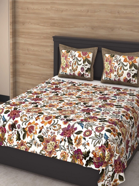 

Varde White & Brown Floral 144 TC King Bedsheet with 2 Pillow Covers