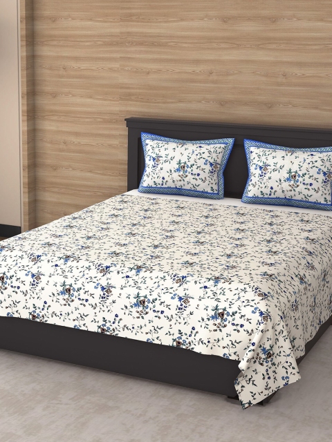 

Varde White & Blue Floral 144 TC King Bedsheet with 2 Pillow Covers