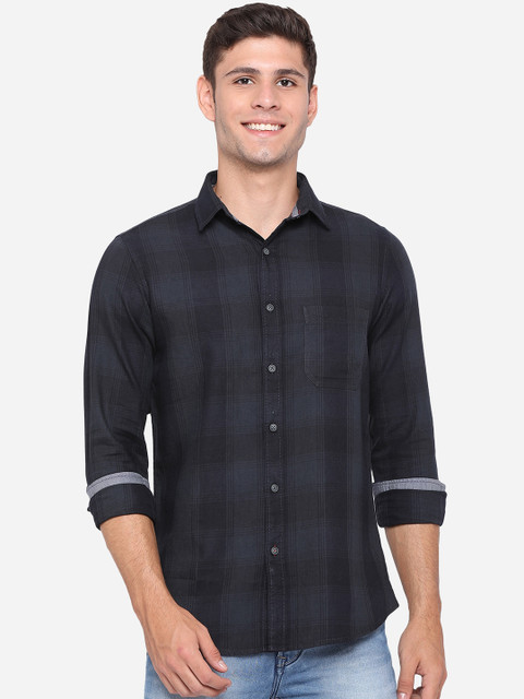 

JADE BLUE Men Black Slim Fit Opaque Checked Pure Cotton Casual Shirt