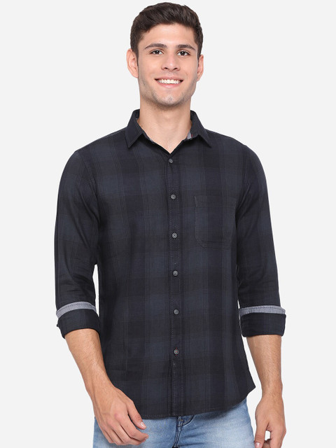 

JADE BLUE Men Black Slim Fit Opaque Checked Pure Cotton Casual Shirt