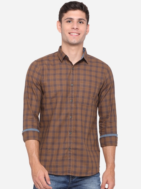 

JADE BLUE Men Brown Slim Fit Opaque Checked Pure Cotton Casual Shirt