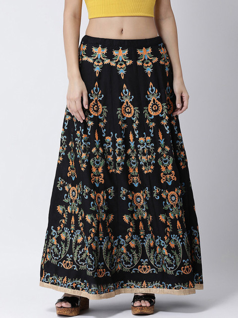 

Charitra Women Black & Orange Printed Flared Maxi Skirt