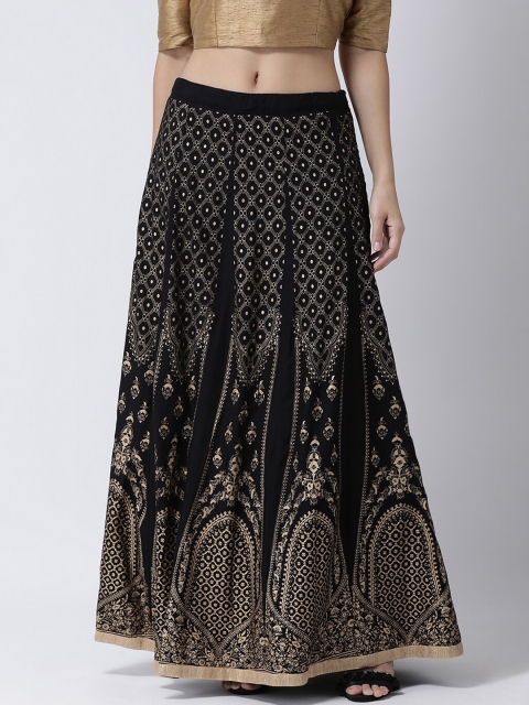 

Charitra Women Black & Beige Block Printed Flared Maxi Skirt