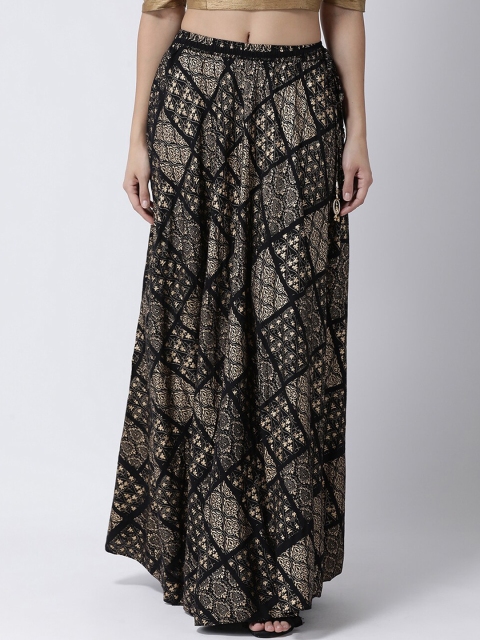 

Charitra Women Black & Gold-Colored Printed Flared Skirt
