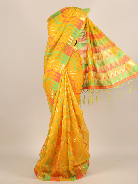 

Pothys Yellow & Green Woven Design Jute Silk Saree