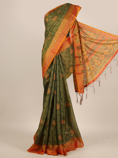 

Pothys Yellow & Orange Beads and Stones Jute Silk Saree