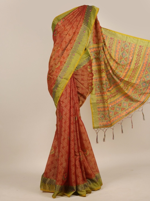 

Pothys Rust & Green Mirror Work Jute Silk Saree