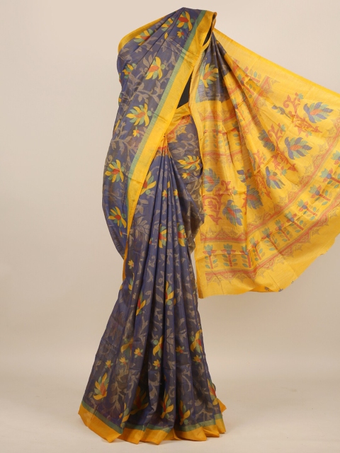 

Pothys Blue & Yellow Floral Jute Silk Saree