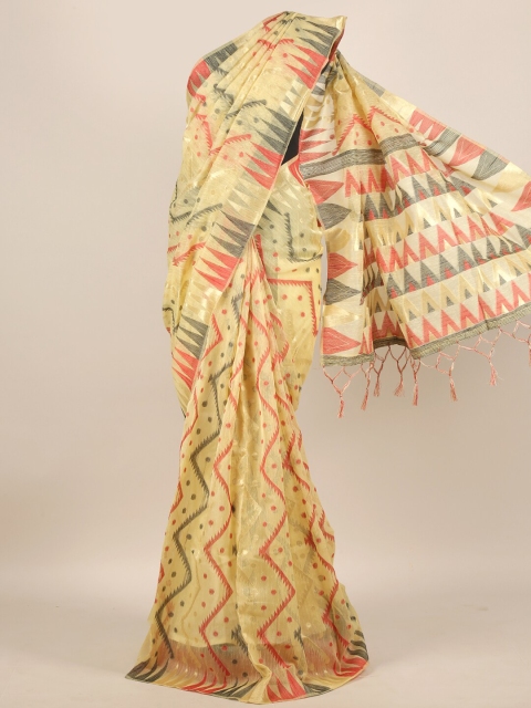 

Pothys Cream-Coloured & Red Woven Design Jute Silk Saree