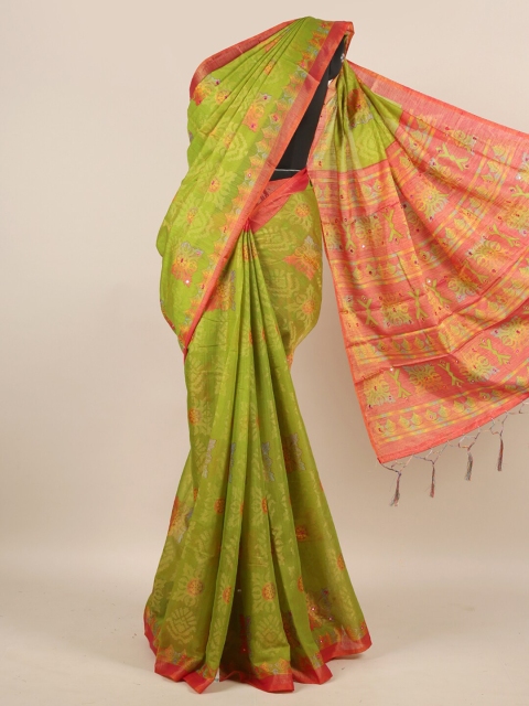 

Pothys Green & Red Floral Mirror Work Jute Silk Saree