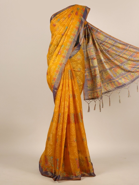 

Pothys Mustard & Green Floral Mirror Work Jute Silk Saree