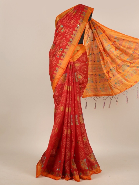 

Pothys Red & Yellow Floral Mirror Work Jute Silk Saree