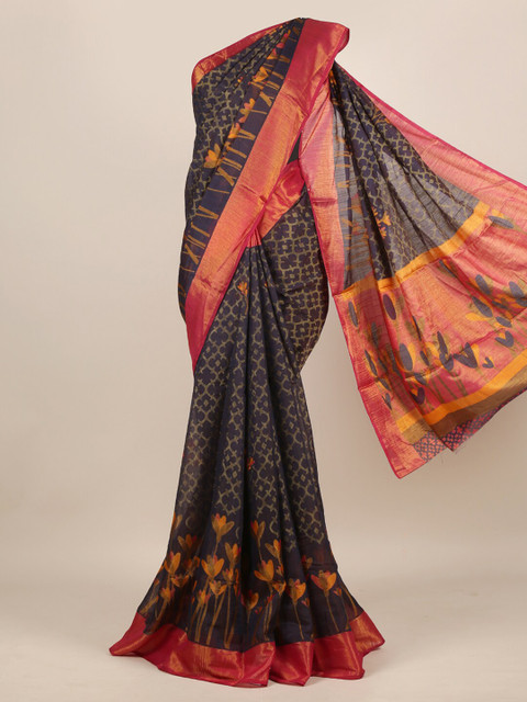

Pothys Navy Blue & Red Floral Jute Silk Saree