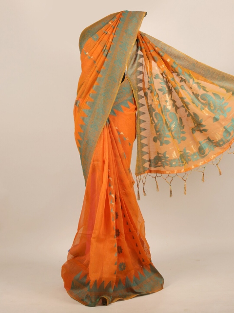 

Pothys Orange & Turquoise Blue Woven Design Jute Silk Saree