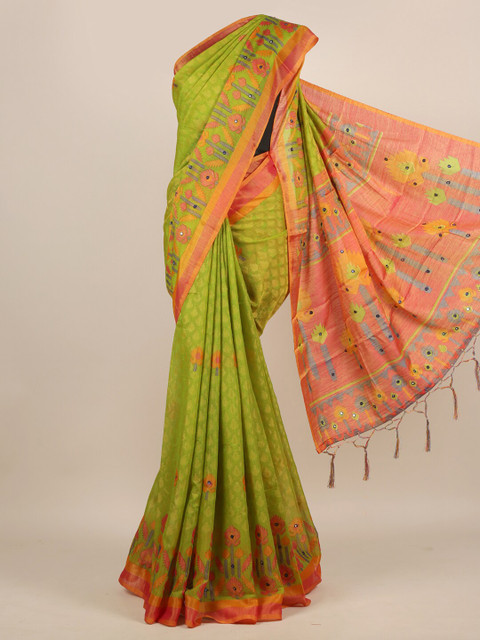 

Pothys Green & Orange Woven Design Mirror Work Jute Silk Saree