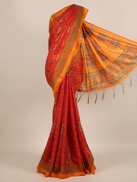 

Pothys Red & Orange Jute Silk Saree