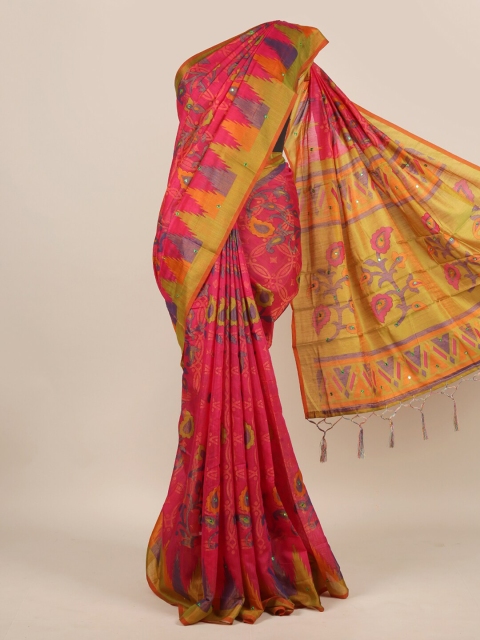 

Pothys Magenta & Gold-Toned Woven Design Mirror Work Jute Silk Saree