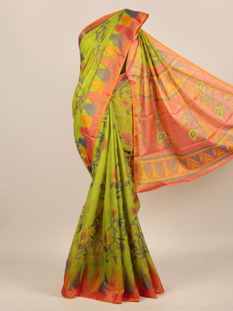

Pothys Green & Orange Floral Zari Jute Silk Saree