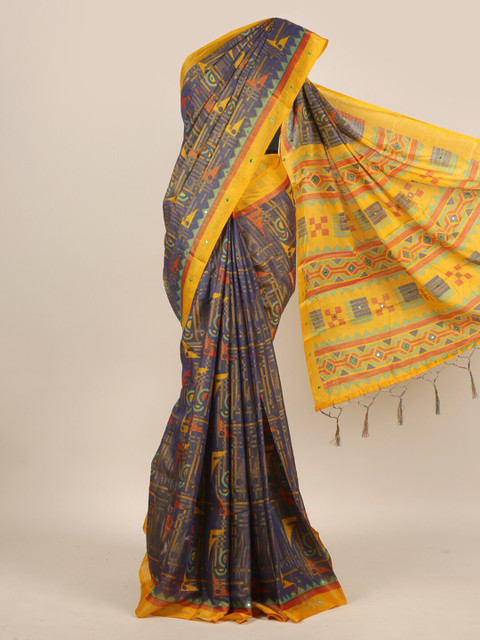 

Pothys Blue & Yellow Mirror Work Jute Silk Saree