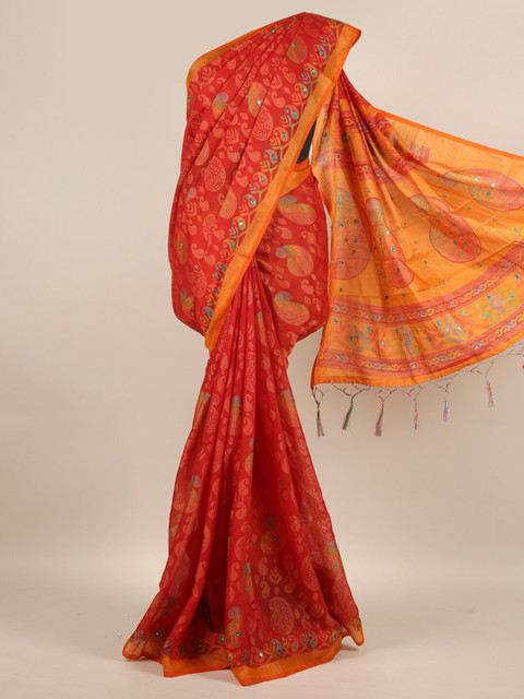 

Pothys Red & Orange Paisley Mirror Work Jute Silk Saree
