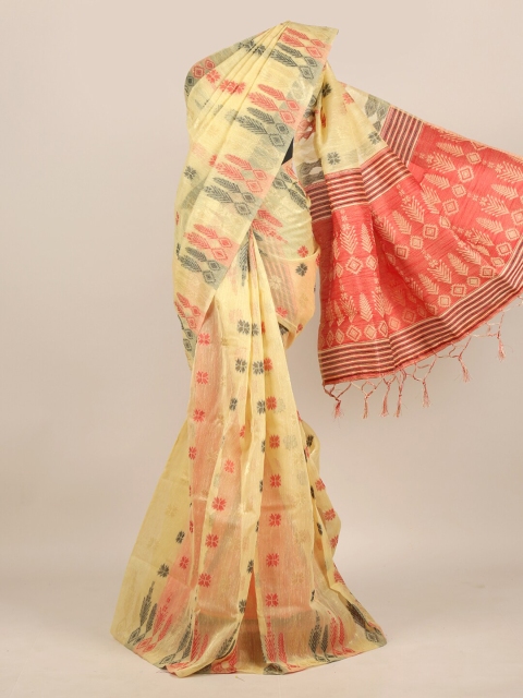 

Pothys Cream-Coloured & Red Ethnic Motifs Zari Jute Silk Saree