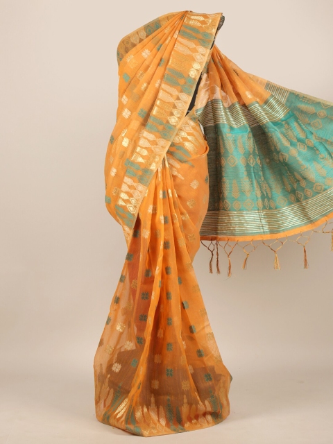 

Pothys Peach-Coloured & Green Ethnic Motifs Jute Silk Saree