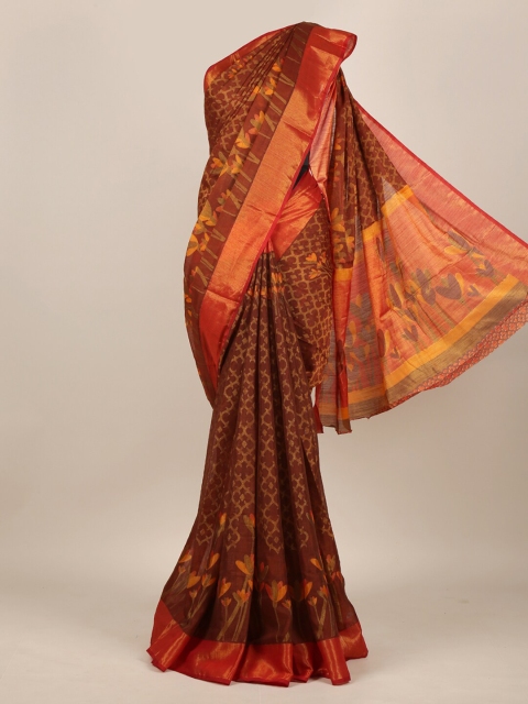 

Pothys Brown & Green Floral Zari Jute Silk Saree