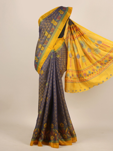 

Pothys Blue & Yellow Ethnic Motifs Jute Silk Saree