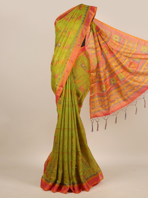 

Pothys Green & Pink Mirror Work Jute Silk Saree