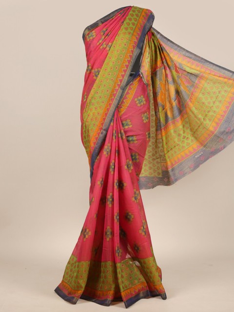 

Pothys Pink & Green Woven Design Zari Jute Silk Saree