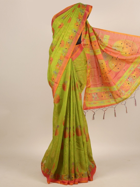 

Pothys Green & Pink Paisley Mirror Work Jute Silk Saree